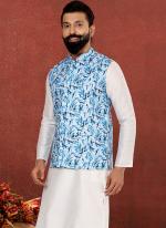 Cotton Print Blue Festival Wear Embroidery Work Readymade Men's Waist Coat